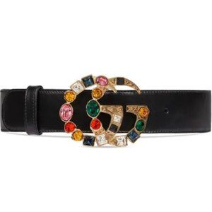 Gucci Calfskin Crystal Double G Belt Black Multicolor